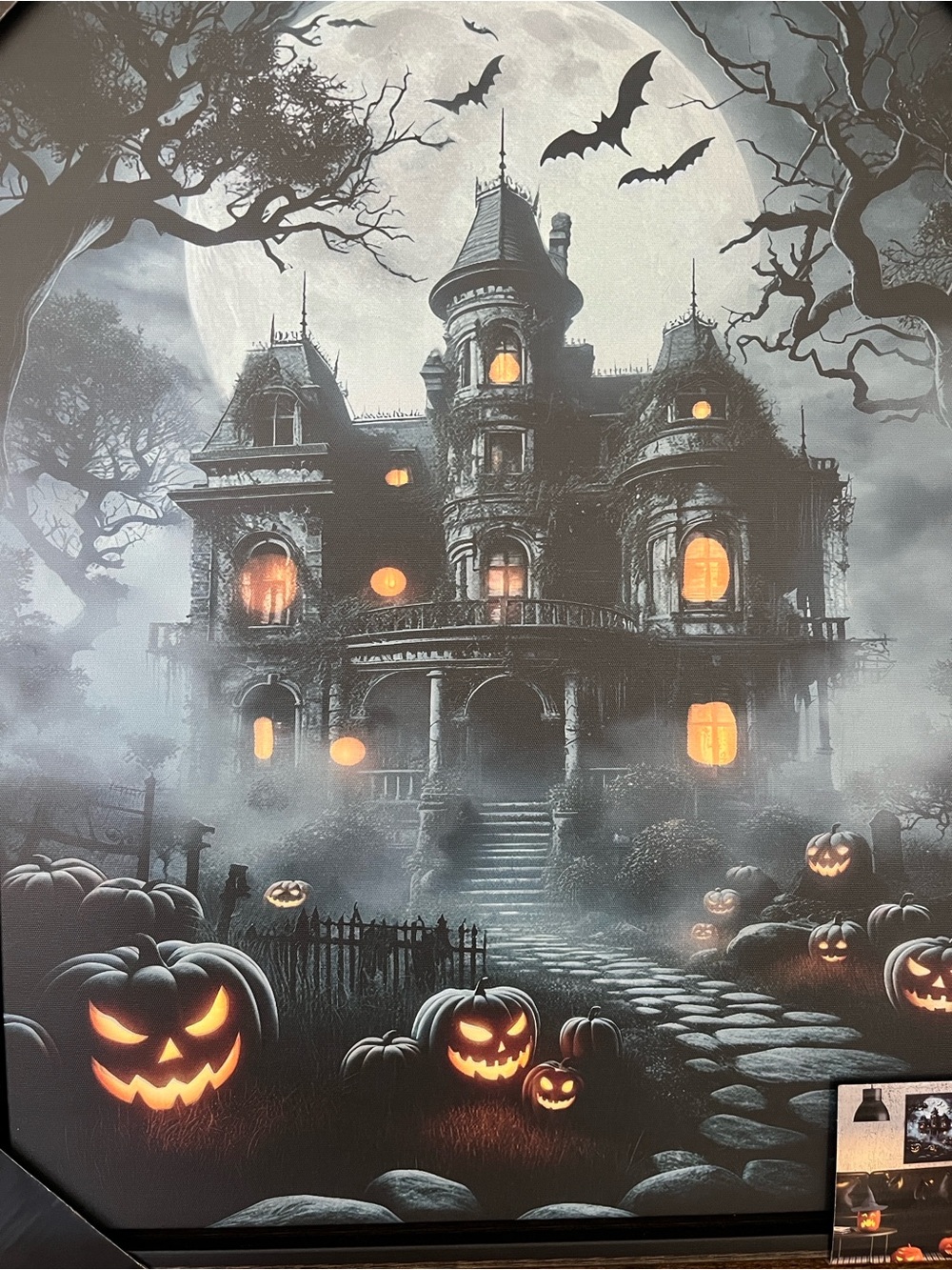 Eerie Haunted Mansion Halloween Tapestry in Black and Orange